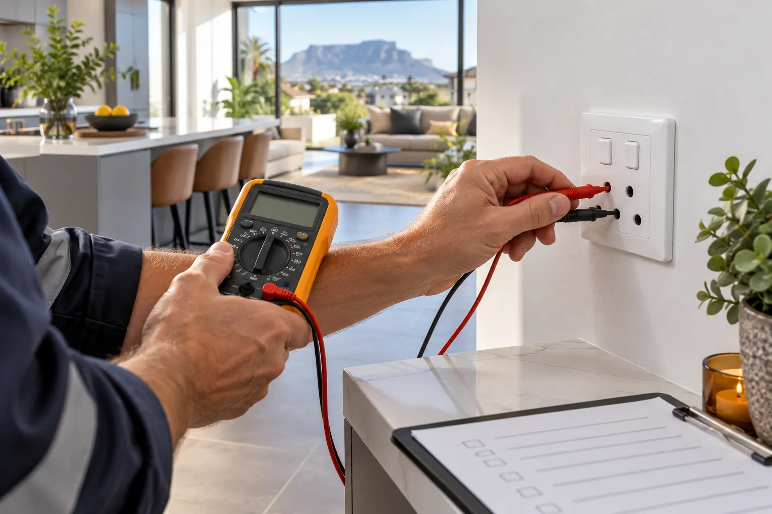 Electrician testing a socket with a multimeter