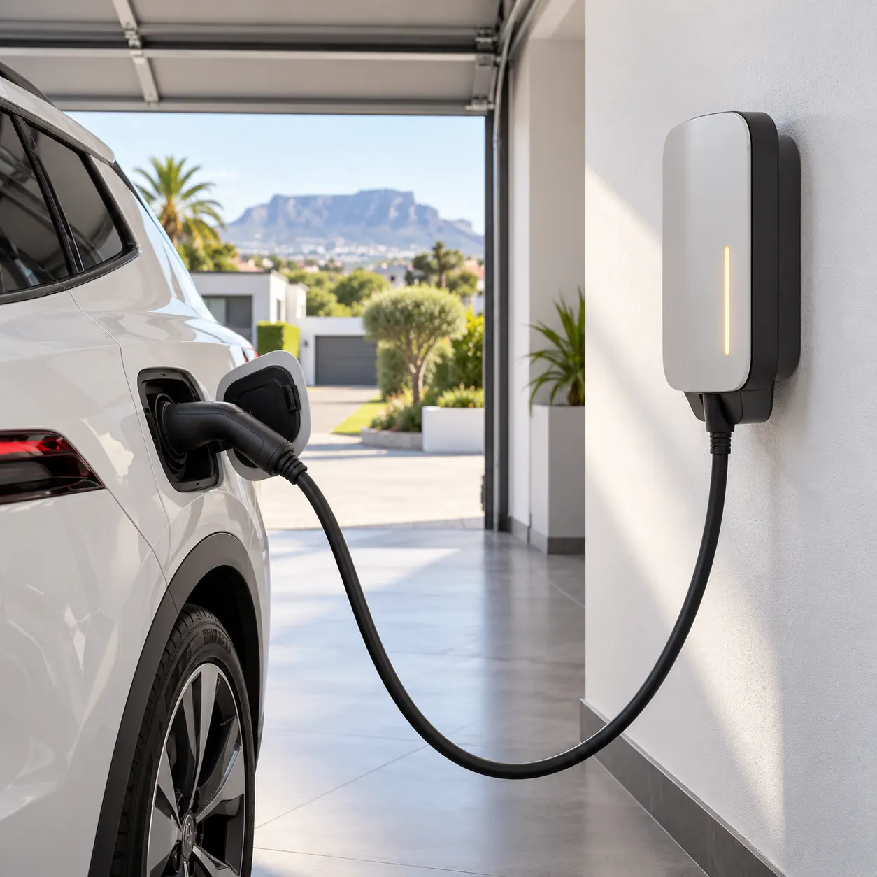 Electric car charging at a wall charger